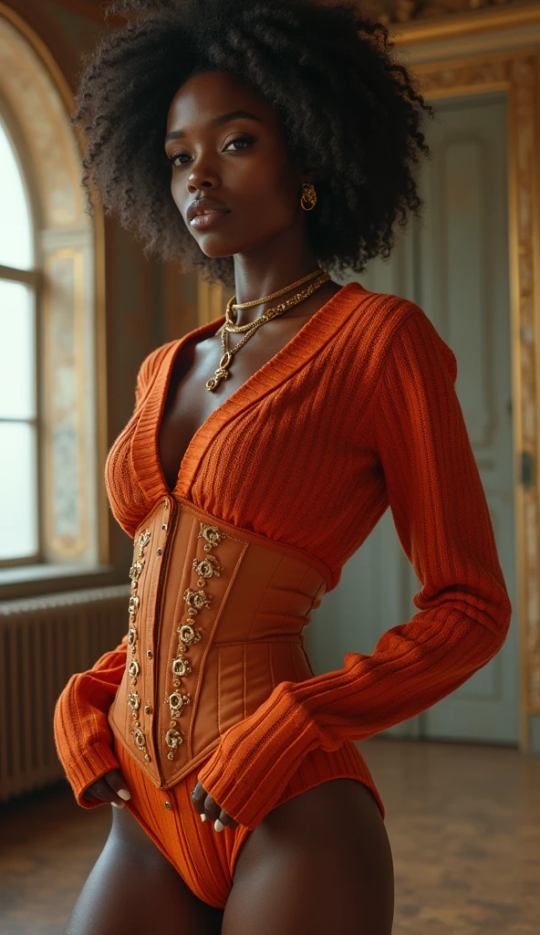 Nike: DynastySeries: sweater couture, corset and cooker with matching color, zero degree flat stomach, large butt, thin waist, dark skin, a cup chest, Definition: (highres, sharp focus, 8k uhd, ultra photo-realistic resolution), Film: (80 mm, shot on portra 120, shot on Fujifilm)