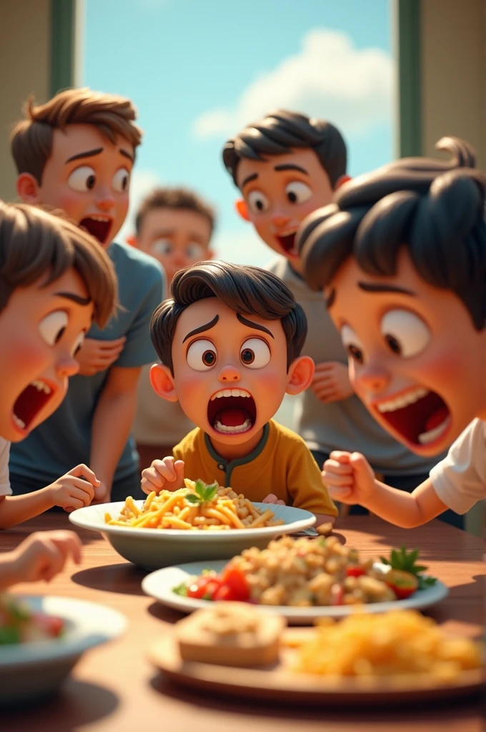 People in a restaurant looking in disgust while dinning, pixar style, cinematic, masterpiece, high-aesthetic, portrait