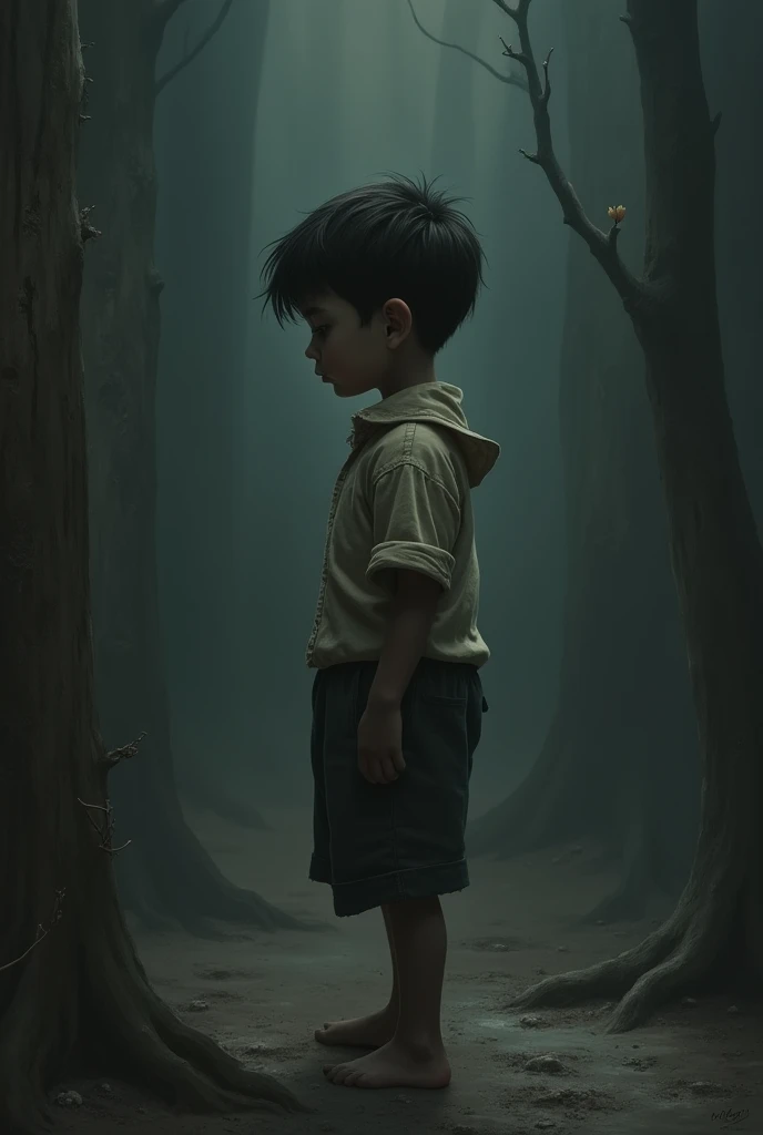 A boy with his back turned wearing a white t-shirt, looking excited and holding a flashlight in his hand