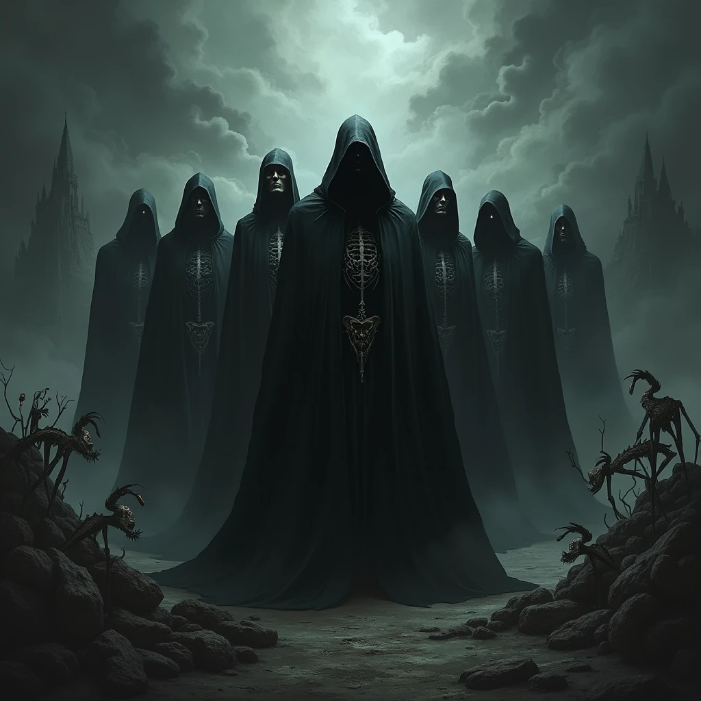 Souls of dead fearful, hungry, they are straying in dark astral, gray striped robes on them, dirt, seb mckinnon, johan grenier, greg rutkowski, fantasy art, hyperrealism, trending on artstation, mysterious, ominous, photorealistic, john kenn mortensen, hieronymus bosch