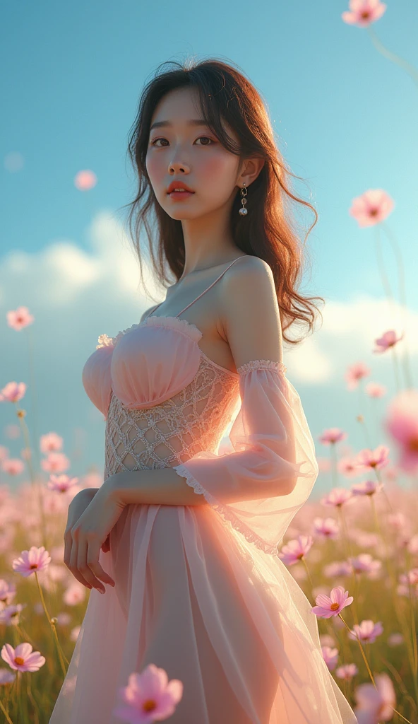 idol clothes, （Quality Improvement：1.4）， 1 girl, In the flowers, ((Lying down, Lie on the flowers, Knee slightly bent)), Full breasts，Visible cleavage，Sexy long legs，The skirt is very short，She gently lifted her skirt with one hand,Surrounded by white Phalaenopsis orchids，Lilac dendrobium、White Lily, Flying petals，（Top quality leather), Delicate face,Black Hair, Gradient hair, Body,（Body1.1）, He has a precious gem on his forehead..., brilliant student，Long eyelashes,Smile, Surrealism, Movie Lighting, Projection Insert, Surrealism, Ultra HD, masterpiece，lie，Keep dreaming，Open your legs slightly.，Tattoo，Fantasy Space，Luxurious space，Exquisite makeup，blush，Shy expression