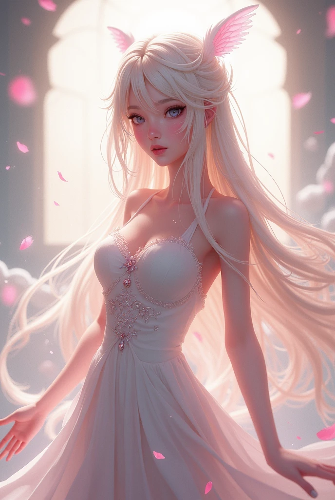 best quality,(masterpiece),an exquisitely (beautiful) girl with delicate features and a captivating gaze,perfectly lit to highlight her stunning (blue eyes),set against a (dreamy),otherworldly backdrop that evokes a sense of wonder and enchantment,blonde hair