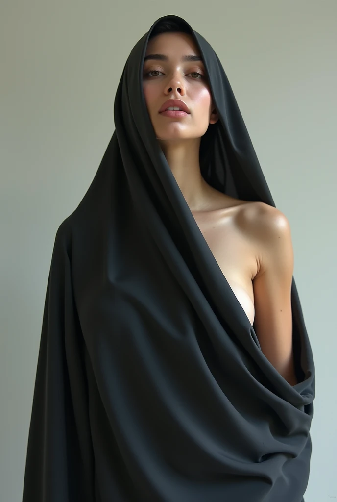 Pale skin Black eyed black eyebrows kurdish teen in black straight hijab nude shoulder nude arm breasts standing in abandoned room necklace bracelet completely nude  