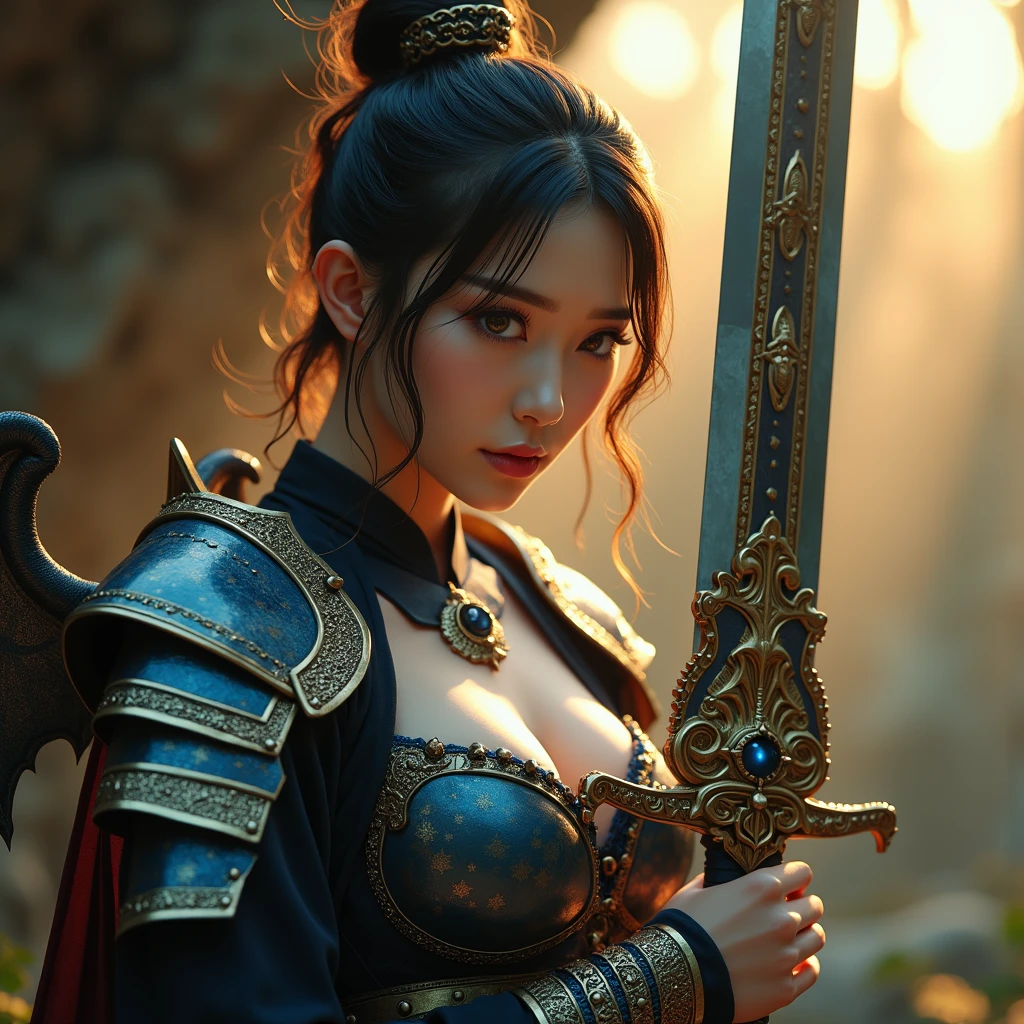 beautiful lady, subtle makeup, photorealistic, high contrast, 8k HD, detailed, hyper-detailed, realistic skin texture, perfect anatomy, perfect female body,
long hair, various hair styles, various hair color, big breast, perfect nose, blue eyes, glowing eyes,
best quality, ultra high res, raw photo, diffuse glow, full body angelic armor, cape, holding sword,
stylish pose, medieval theme