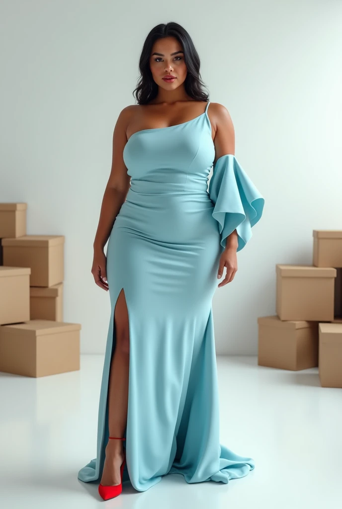 Office scene, A radiant, full-figured South Indian plus sized 35 year old aunty wearing a cream colour chiffon short party gown, captured in a full-body image with vibrant hues and meticulous details. Full body image