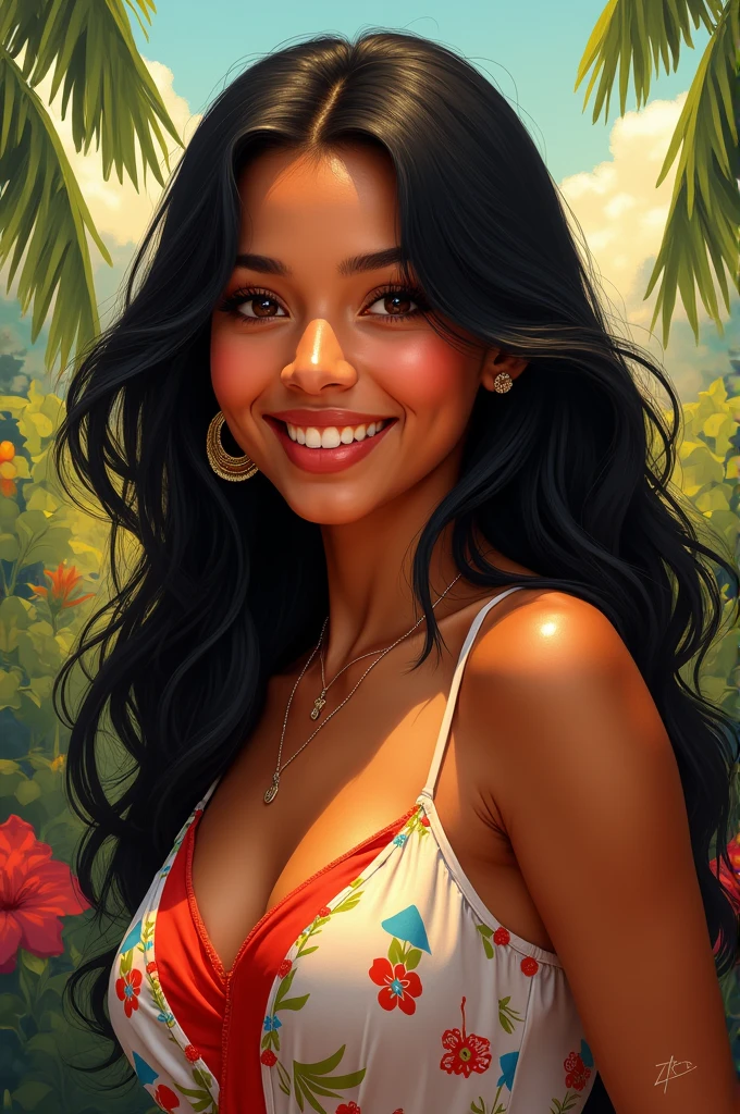 High-quality realistic acrylic art, vivid colors, portrait of a plus size Papua New Guinean woman against a backdrop of waterfall in impressionistic painting style. her hair and face merges into the waterfall. highly detailed painting