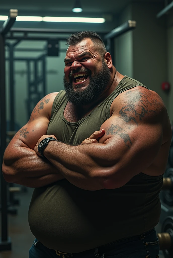 (Very detailed 8k wallpaper), two asian men, muscle worship, arms folded, At the gym, high detailing, buzzcut, very large and strong body, bulging muscles, well-muscled, very large pectoral muscles. Very sexy abs, legs are muscular, Toned figure, lightens oily skin, muscular, Tank top, T-shirt, longshot, Wide Shot