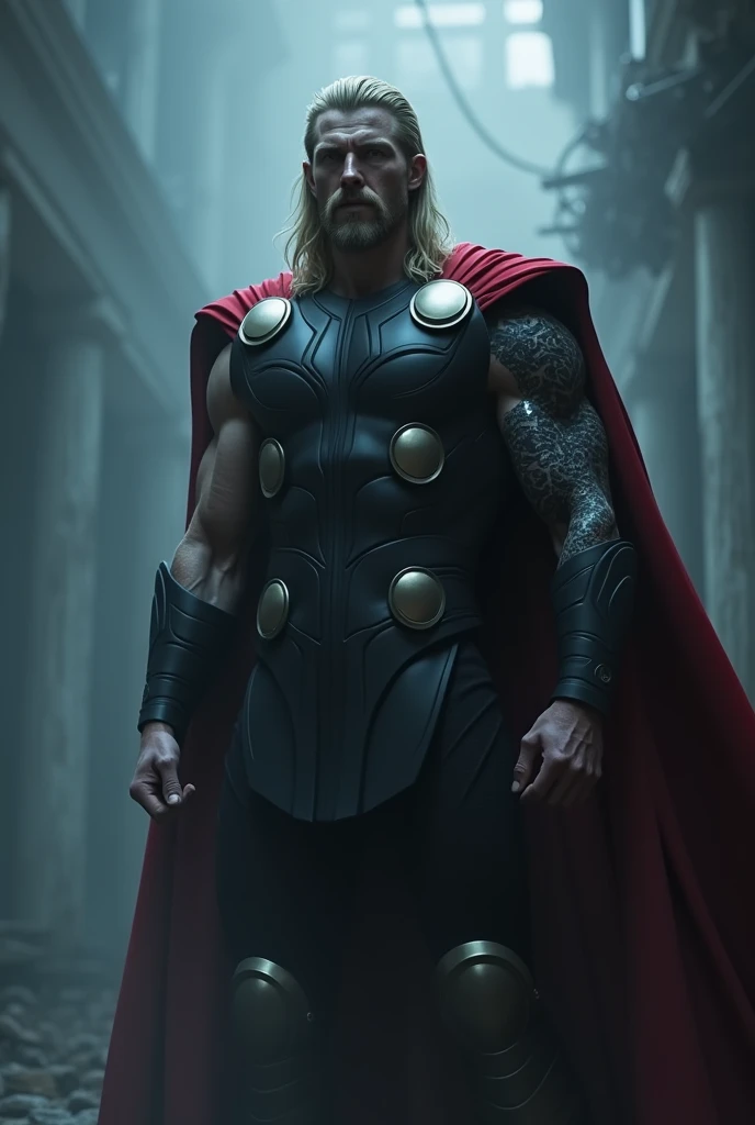 Full body, chris hemswoth as a sexy thor, super muscular, extra strong, great muscle definition, massive body, agressive actitud, destroyed city in the background, all in realistic, gothic style, high definition, high resolution. Christopher Nolan's scenic style.