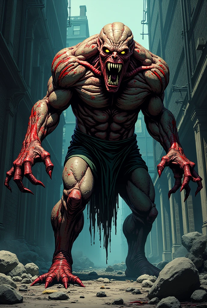a man covered in blood. He’s wearing blue jeans and white sneakers. He’s shirtless, muscular and athletic. He leans slightly back, laughing out loud with his arms spread apart. His eyes are scary. His skin is very pale and he has black veins on his body. He has red blood on his hands and everywhere on his body. In its back, it has four large tentacles measuring more than 3 meters and at the end of its tentacles there is a sharp and venomous dart. He can control his tentacles. He’s slightly in profile. Around him, the ruins and buildings are on fire. [Male] [Bad] [Red blood] [Laughter] [Scary] [Athletic and muscular body] [Bare torso] [Black vein running through his body]