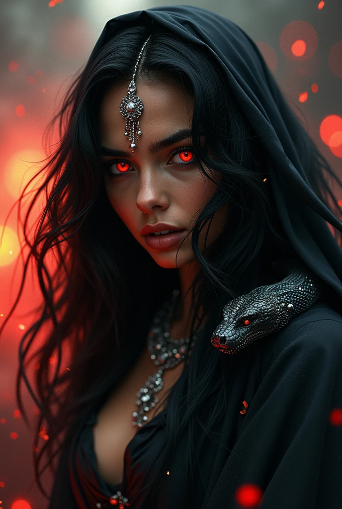 (Masterpiece artwork, top-quality, best qualityer, offcial art, beautiful and seductive aesthetics:1.2), Brazilian woman, (face covered by hair) cabelo blackw comprido (1woman:1.2), fly away, Extremely Detailed,(resumlistum:1.4, Fractal Art:1.3),(silver_hair:1.1), Destiny \( series\), blackw, More Detailed, fire, , lightning, (splash_art:1.2), jewelly:1.4, Hanfu, Scenario, blackw e prata, black snake with red eyes, black and red smoke background. Only shows one side of the face. Mulher sexy, sedutora, um lado do rosto coberto. Um colar preto com um vidro de poção como pingente. Adulta, linda, pele bronzeada, sexy, cobra subindo pelo braço, woman, corpo inteiro 