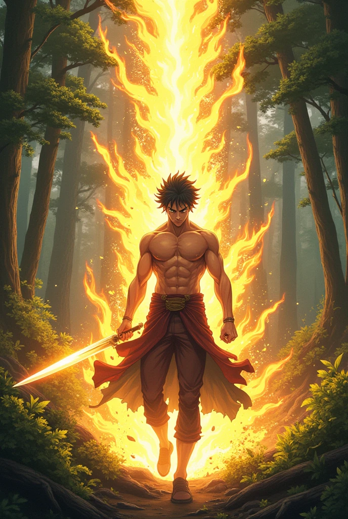 Man with shirtless abdomen purple hair and red eyes Brown skin two legs five fingers two arms holding a fire sword on top of a fire lion --auto