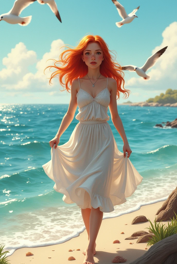 "((((realism))), ((((foto_atual))))) high-quality, intense and bustling red hair, model posing sideways in a flowing dress on rocks on a beach, looking directly into the camera."