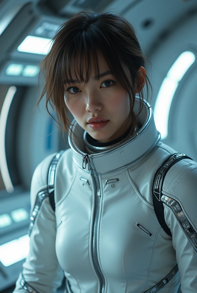 ((Best Quality)), (masutepiece)), (Details: 1.4), 。.3D, Absurd resolution, High resolution, (masutepiece: 1.4), ultra-detailliert, Beautiful girl 1 person, Futuristic female image, Shimmering brown hair, Beautiful brown eyes, Beautiful face, 20 years old, Spaceship, floating, Small, space suits, Spaceship, window, Future, Dynamic Pose, Change of clothes