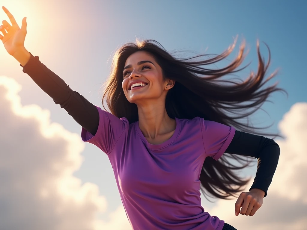 A woman celebrating her success, cheerful and happy, wearing a pink dress with sleeves covering her breasts, arms raised, full body shot, realistic photography, photorealistic, HDR, sharp focus, professional, vivid colors, natural lighting