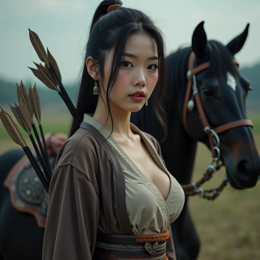 (8K、Raw photography、top-quality、​masterpiece:1.2)、(realisitic、Photorealsitic:1.37)、top-quality、超A high resolution、Best Quality, Head:1.3, finely detailed skin, Sharp Focus, Soft lighting, Dynamic Angle, [:(Detailed face:1.2):0.2], large full breasts,Riding a horse, Outside,swim wears,maikurobikini,Inside the Japan racecourse,Dark hair