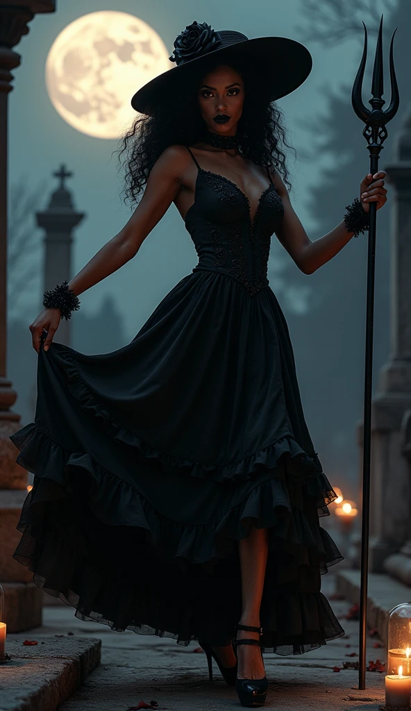 Adult African female vampire of the Tzimisce clan with loose curly hair and long dress