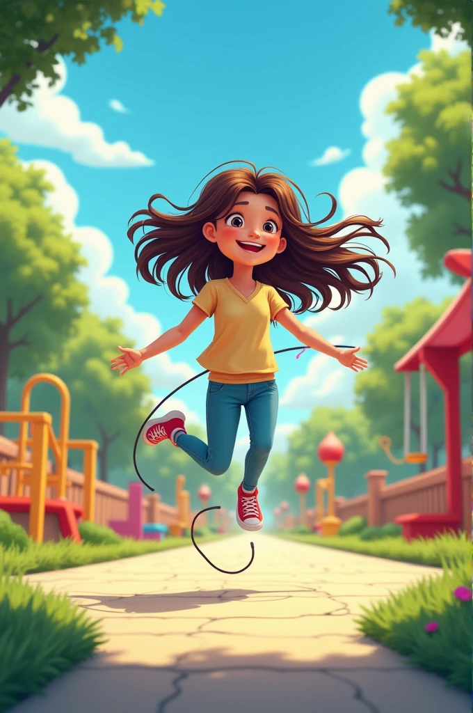 best quality, masterpiece, fill frame, zoomed out, character design, cell shading art, poster of young woman, small breasts, wearing plain pink tshirt and long black leggings, smile while jumping on trampoline, perfect fingers, perfect hands, perfect face, perfection, no background