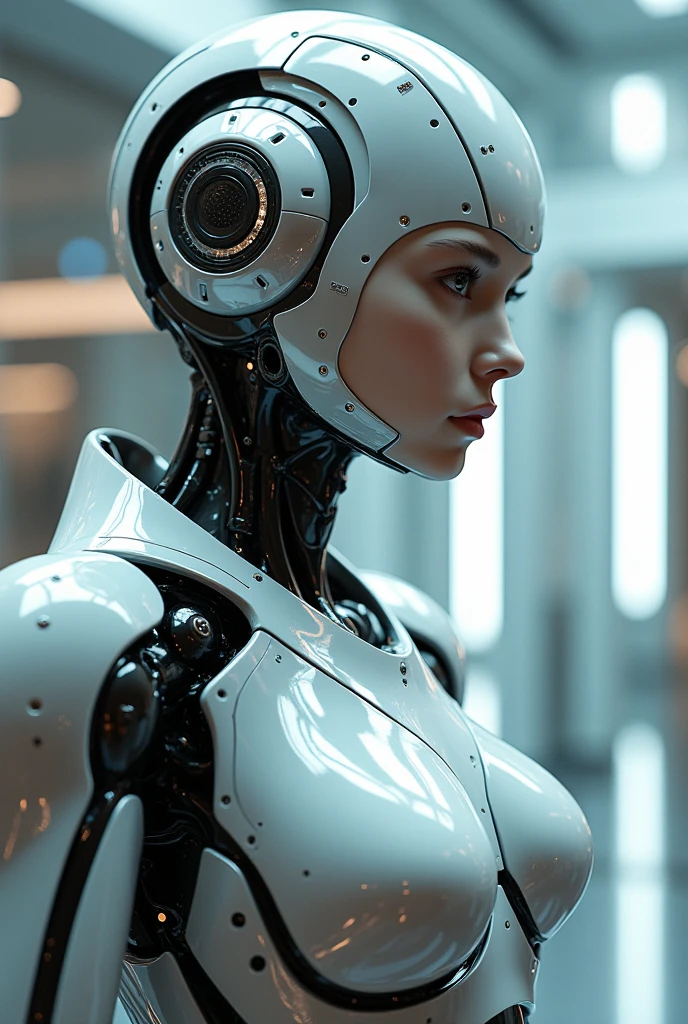 A female AI humanoid robot stands in a futuristic setting, blending human-like features with metallic components. Her skin appears lifelike but reveals intricate circuits and wires. Her body is a seamless integration of organic and inorganic elements, with a metallic exoskeleton covering her torso and wires pulsing across her abdomen. The robot contemplates her existence and the blurred line between humanity and technology, challenging the boundaries of what it means to be human and machine.