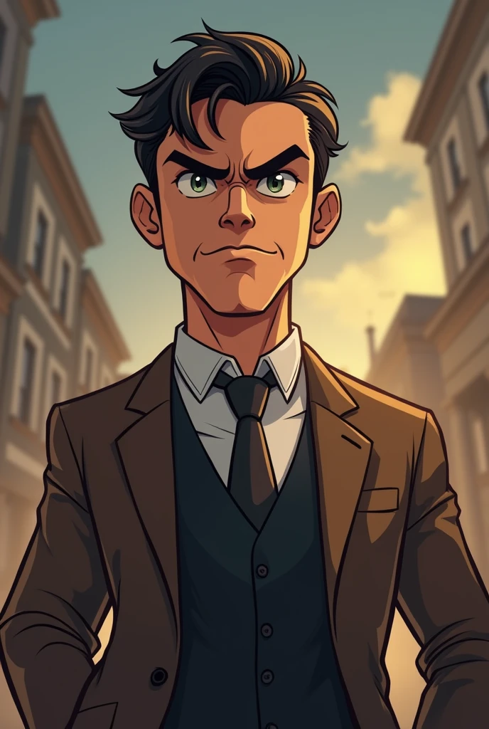This man embodies a character with a serious and determined personality. His classic attire, consisting of a brown suit and a black vest over a white shirt, reflects a sense of orderliness and high responsibility. His stern and intense facial expression suggests that he might be facing a significant challenge or handling a critical situation requiring decisiveness and focus. having the same cartoonish style as Nano Machine.