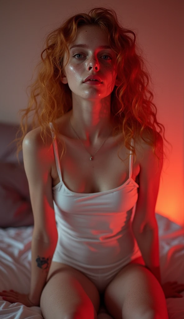 A woman with wavy red hair, freckles, small , baggy pajama pants, sports bra, sitting on the floor with legs spread apart, lip stick that matches the hair