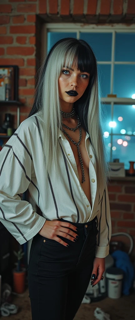 A woman with black and white hair, wearing black clothes, white skin, wearing a black necklace
