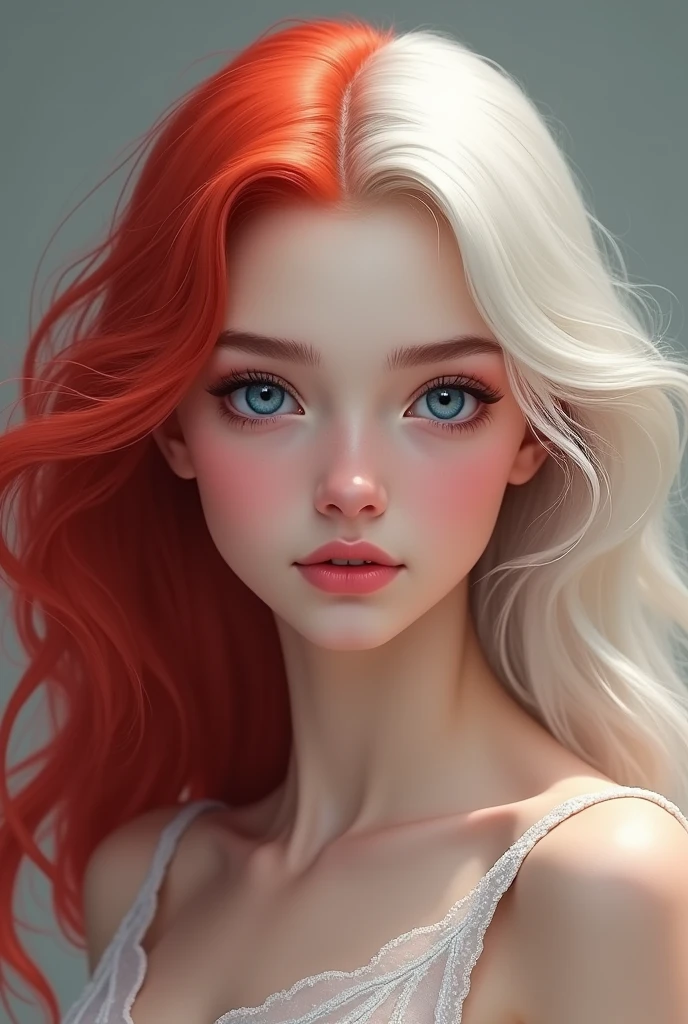 A princess 
With red and white hair realistic blue eyes 