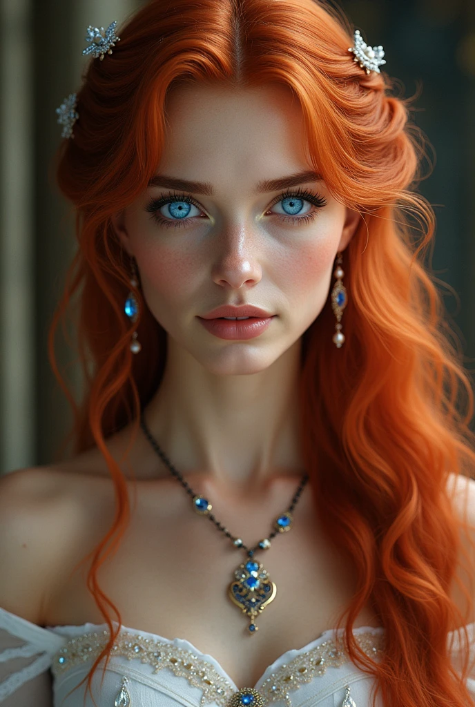 Pretty woman, similar to Amouranth,cute,huge natural breasts, red hair curly/flowing, detailed dark BLUE eyes and face, not to skinny, naughty smile, make it ultra-realistic, western european girl, in the snow in the mountains, clothing colour needs to be anything but green, extremely detailed blue eyes, extremely long wavy red hair, extremely long hair, extremely detailed blue eyes, huge drop earrings, naked breasts, extremely long red hair