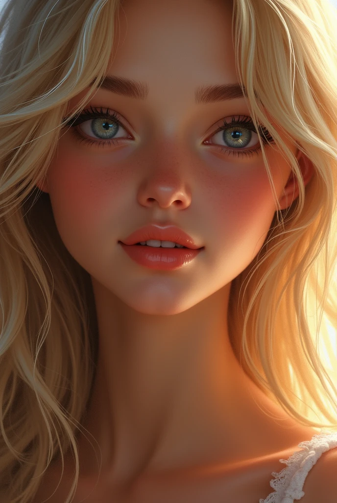 (dynamic lighting), (realism), (UHD), (32k), (Mastepiece), (highres, high resolution), (Advanced facial details), ((huge round breasts:1.4)), (natural skin:1.3), (DSLR), (soft lighting), (high quality), (finely detailed face), (top quality), (Best Quality), (((close up portrait:1.4))), (platinum blond hair:1.5), (photorealistic:1.4) , (hyperrealistic:1.4), (smoother sunset lighting:1.05), (Centered), (increase Fujicolor quality:0.9), (((alena aenami))), 20 years old beautiful girl, high resolution,Play with light and shadows in a dimly lit room, focusing on your eyes and lips, as you glance over your shoulder with a look that teases and entices.masterpiece, Best Quality, intricate details, Very detailed, Sharp focus, detailed skin, realist skin texture, texture, detailed eyes, professional, 4k, charming smile, shot with cannon, depth of field, Kodak Color Vision, perfectly fitted body, extremely detailed, Photo_\( ultra\), Photorealist, realist, post processing, Maximum details, roughness, real life, ultrarealist, Photorealism, Photography, 8k hd.