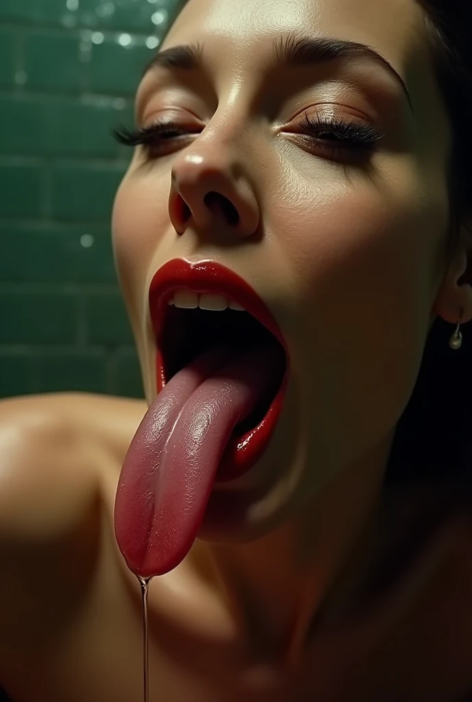 masterpiece,  realistic, ultra detailed, raw photo,  clear focus,  20 years old,  naked,  no clothes,  Solo, Dynamic Pose, look up , Bedroom, shiny skin, very sweaty body, Open legs,  Very thin stockings,  ablack choker,  big tits,  full open mouth, stick out wide tongue,  white liquid on lips, very sweaty face, ((nipple pierce)), ((pierces penetrated each labias)),  [pierce penetrated tongue], navel bar piercing,  very thin light pink areolas, ((full tears)), drolling from the tongue very much, (((look up)),nsfw