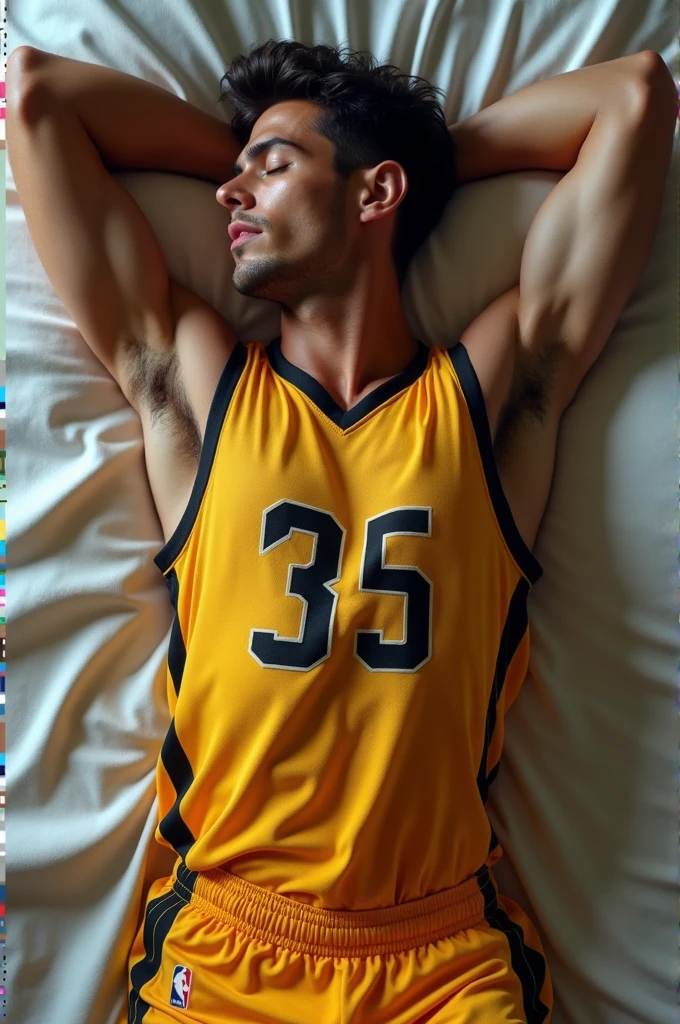 A very (WET) athletic young Japanese in early twenties with a tattoo, 2 (full body), light white pale skin tone, short undercut brown hair, cute face, ASIAN MALE, big smooth bulging rounded pecs manboobs, hands at the back of his head, detailed face, HD, 8k, ultra high resolution, high quality, photorealistic, realistic, ultra detailed, oily body, lying down in the bed while spreading legs wide open, big torso body, ((covered in thick white milk in the chest)), wearing a white GREEN BAY PACKERS NFl football jersey suit outt and long white socks, huge penis, cock, no pants, naked crotch