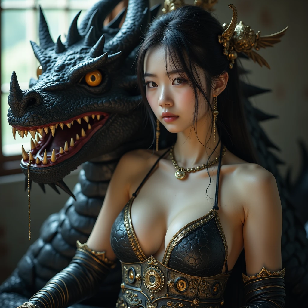 (heavy chest)、highest quality、16K,pieces fly、ultra high resolution、（white ragon armor）、(((naked huge tits))),dragon armor、(((Micro bikini with attention to detail))),(she wears a beautiful crown made of precious stones.),(that&#39;realistic:1.4)、RAW photo、1 girl、(((random hair))、(((color々take a pose)))、glowing skin、(((chinese dragon)))、intricate and gorgeous hair ornaments、（Looks like a gorgeous jewelry necklace）、（whole body angle）、（fight a big dragon）、with a beautiful knife、（のmetal bodyビキニの背景))),、(drop down)、ancient ruins cliff)、((Ultra realistic details))、portrait、global illumination、（sexy pose）、shadow area、octane rendering、、8K、Very sharp、naked huge tits、Raw skin exposed in the cleavage、metal body、intricate decorative details、Japan details、very intricate details、realistic light、CG Society Trenlow Eyes、Shining eyes towards Kamuchi、（whole body angle）、（goddess vellum&#39;perspective、