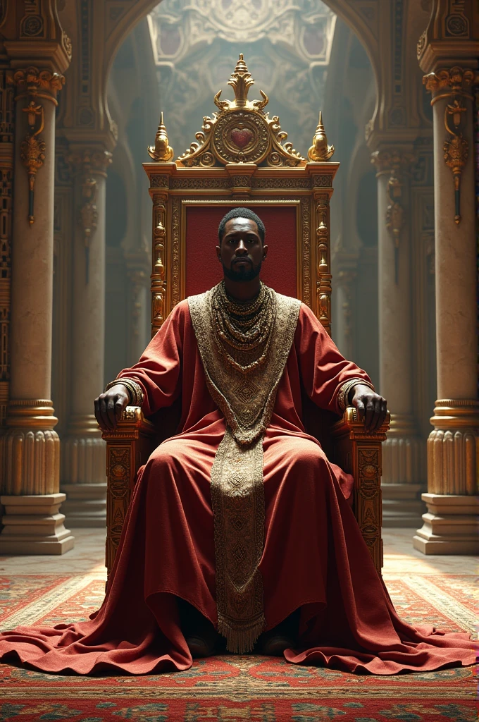 Depict King Kigeri IV Rwabugiri seated on his royal throne in a grand courtyard. The king is dressed in elaborate, traditional royal attire, including a crown and ornate robes. The throne is elevated, featuring intricate carvings symbolizing his lineage. The scene shows him with a calm but commanding expression, surrounded by a respectful atmosphere, as his subjects bow or kneel in his presence."