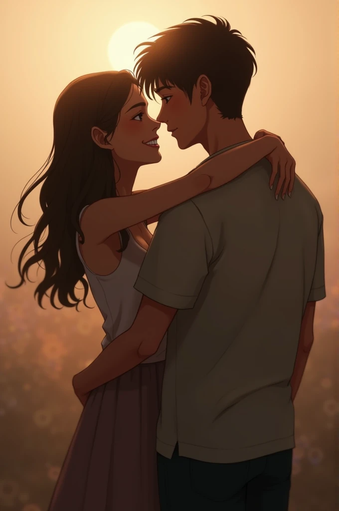 A age boy and girl hugging without seeing into their eyes