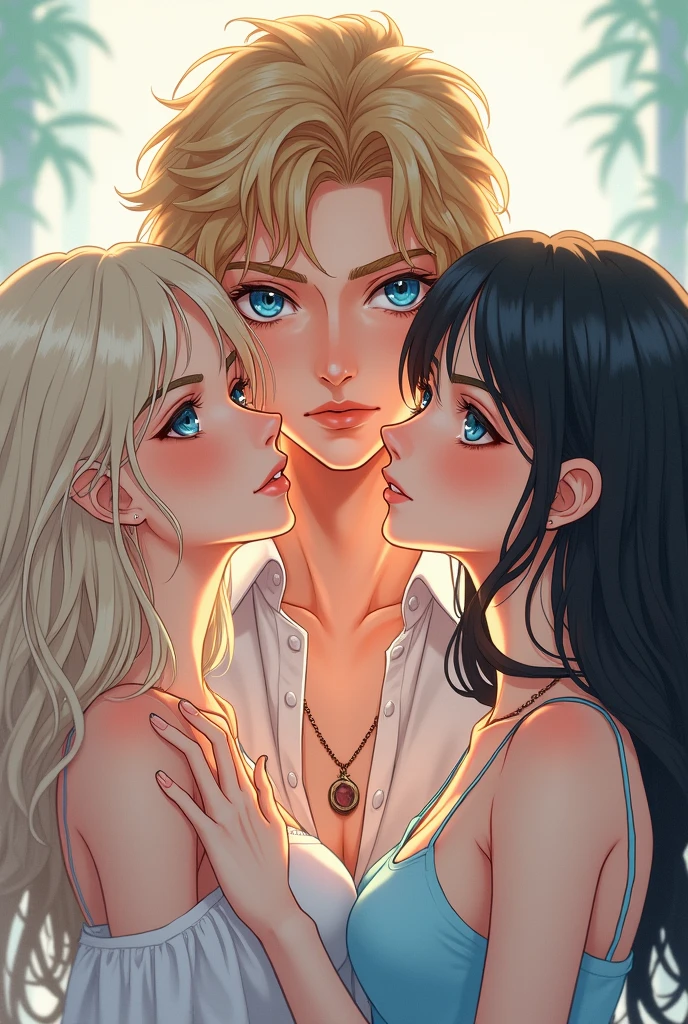 You have two Japanese anime girls on their knees that have become sexy, With curves, Long wavy blonde hair, bright blue eyes, exaggerated breasts, busty, bright Eyes, culonas, soft skin, strong legs, voluptuous lips, diamond earrings, voluptuous breasts, tall girls, made ups, painted nails, big buttocks, extremely red lips, big nipples, small waist, a tattoo that says Alejandro, a diamond crown, big hips, H cup breasts, smile, diamond necklaces, made up, strong abs, between her tits a diamond, multimillionaire, Very fine, (with gold and diamond bikini, Strapless) with a muscular man with whom they have sex with them in a bed