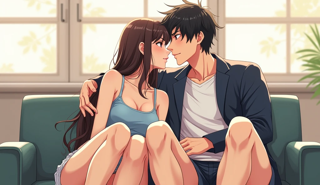A couple sitting on a sofa and laughing happily,sitting side by side,The man is 25 years old and has short black hair.,The woman is 23 years old and has long brown hair.,modern, Verism, masterpiece, textured skin, super detail, best quality, 4K