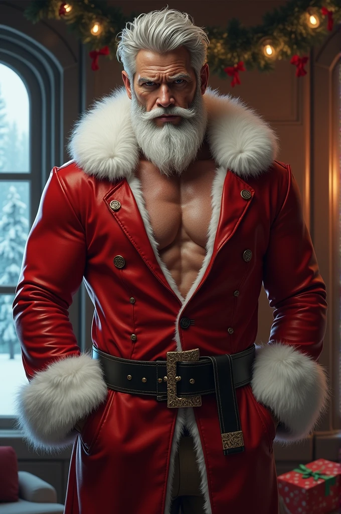 CONCEPT_CHR_SantaClause_ownwaifu, smile, 
1boy, blue eyes, white hair, long hair, very long hair, beard, facial hair, mature male, mustache, old man, santa hat, bare pectorals, large pectorals, muscular male,  abs, nipples, manly,  bara, 
fur trim, fur-trimmed jacket, santa costume, open clothes, red jacket, off shoulder, 
<lora:CONCEPT_CHR_SantaClause_ownwaifu:0.7>,
 christmas, snow, christmas ornaments, 
((masterpiece)),((best quality)),(highres), bokeh, depth_of_field, scenery, spotlight, focused, looking at viewer, solo, cowboy shot,