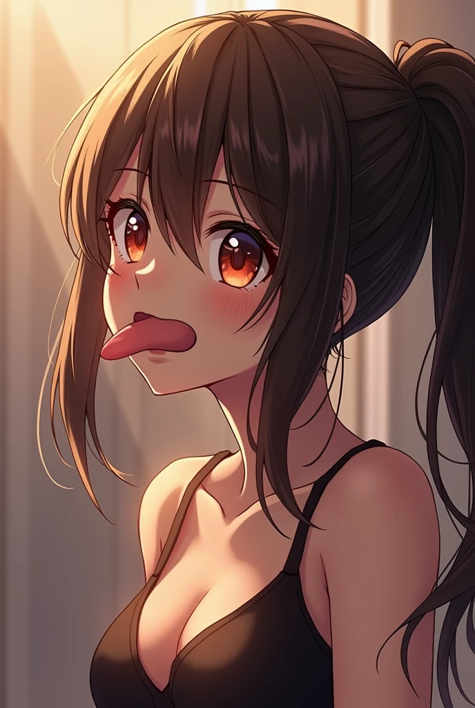 oral, fellatio, penis, hetero, nipples, 1boy, shibuya rin, green eyes, 1girl, jewelry, nude, breasts, brown long hair, bracelet, nail polish, uncensored, medium breasts, kneeling