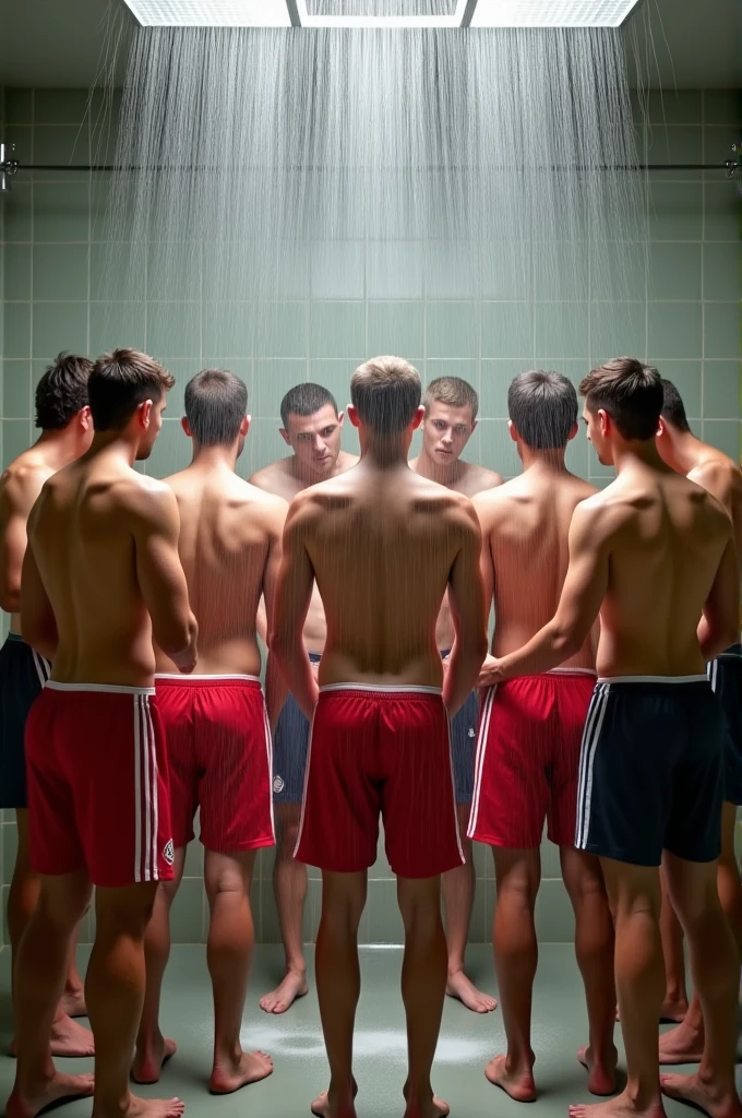 Sweaty almost naked boys group in a shower or locker room with lust in their eyes gayish