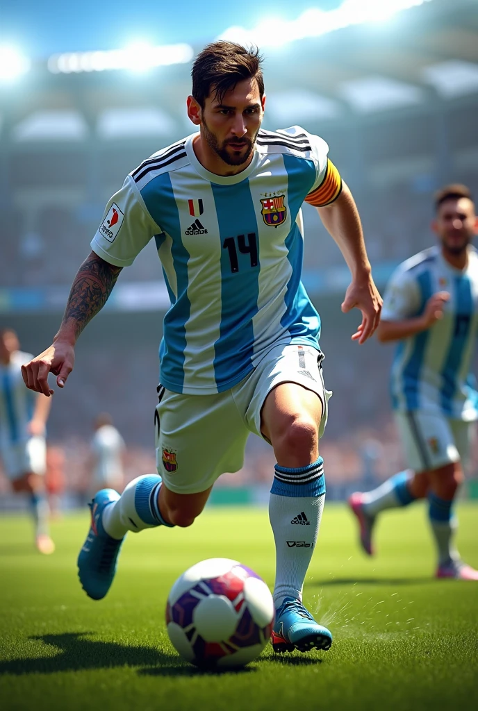 "Create an image of Lionel Messi, Football player, passing the ball strongly on a football field. Messi should be in the center of the image, with the ball on his left foot and his right arm extended forward. The background should be a football field with stands and a blue sky. style: realist, with details and textures."