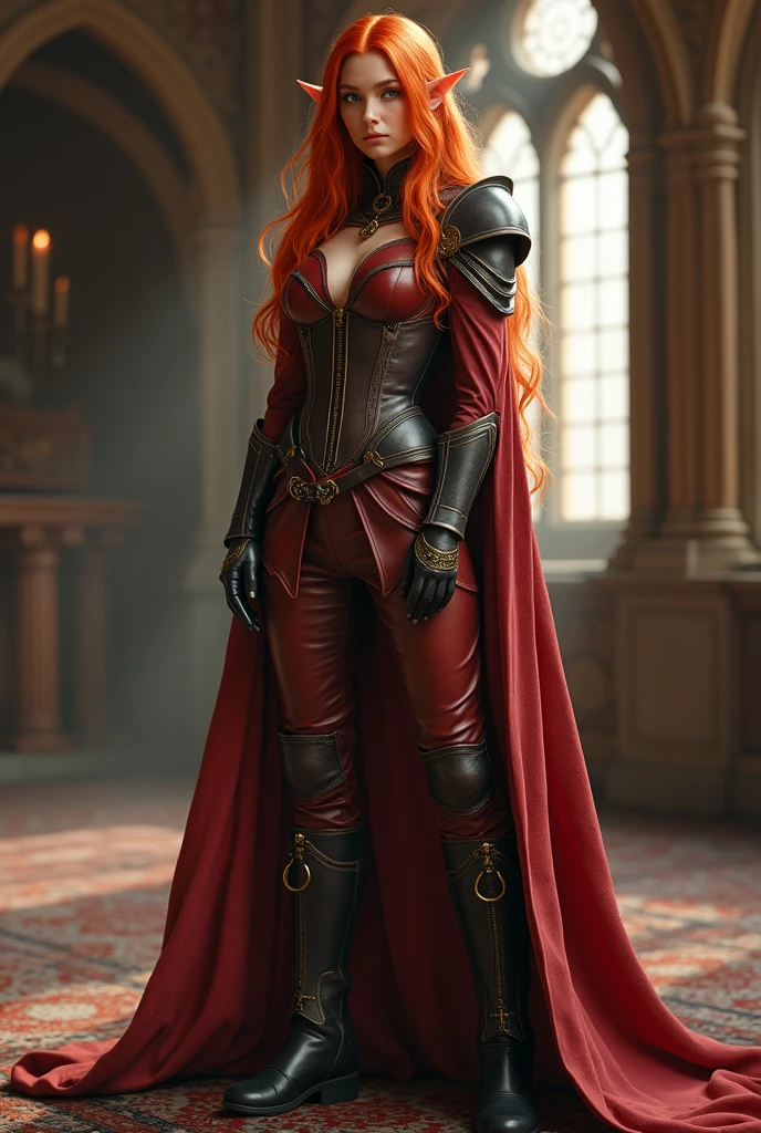 Highly detailed, High Quality, Masterpiece, beautiful, 1girl, prothestic leg, single mechanical arm, prosthesis, MaleniaDef, armor, cape, helmet, brown dress, full body,