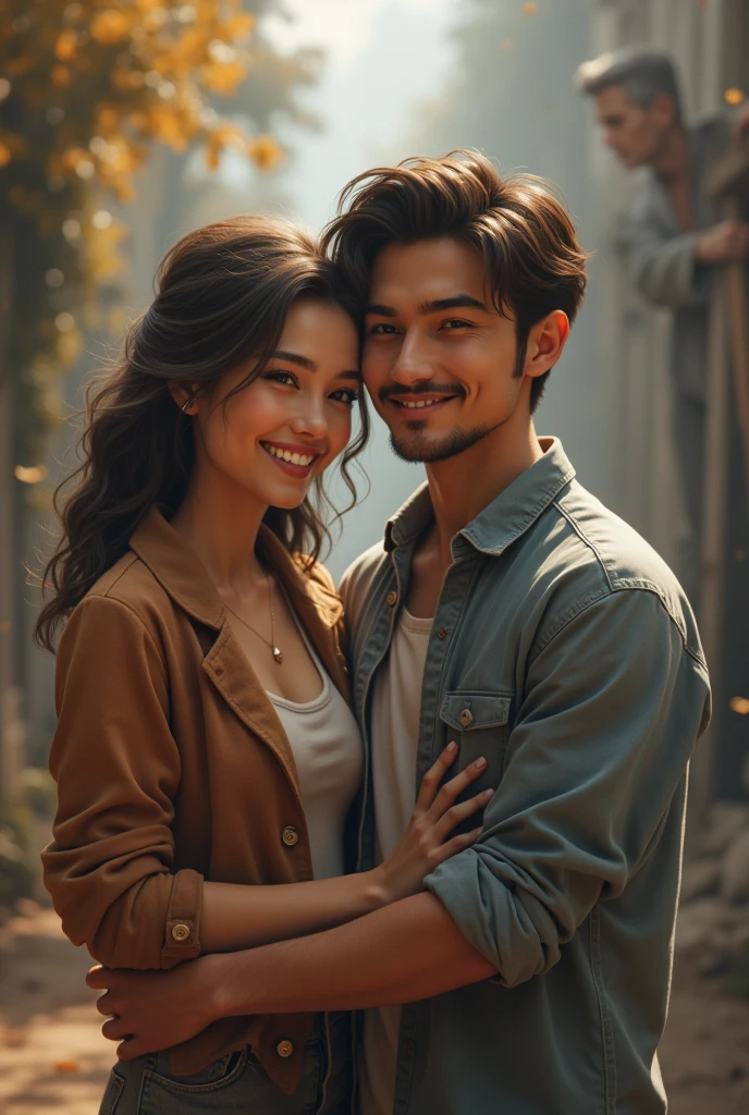 Zoom in on the ultra-realistic face of a handsome 25-year-old man, and as you zoom out a little, you can see his girlfriend standing beside him. She is a beautiful young woman with wavy brown hair cascading down her shoulders. Her warm, expressive eyes hold a hint of playfulness and affection as she gazes at the man. The couple stands in a charming flower garden, surrounded by vibrant blossoms in various colors. The soft sunlight creates a romantic atmosphere, illuminating their faces with a gentle glow. Their happiness is evident in their radiant smiles, and it's clear that they share a deep connection and love for each other. The image captures a tender moment shared between the two, emphasizing the beauty of their love and the enchanting setting that surrounds them. Photography, portrait shot with a professional full-frame DSLR camera and a prime lens of 50mm