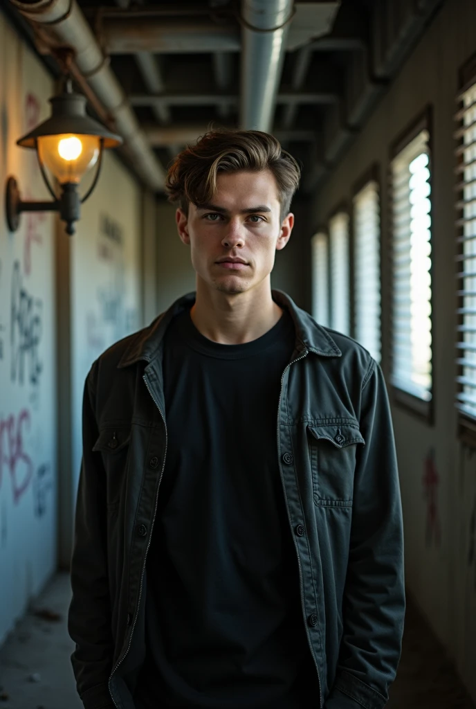 ((serious face)), hot guy wearing a black unbottened jacket with a hood, ((blue eyes)), light brown hair, soft cheek, muscular, in a dark alley, single yellow weak light on top, dumpsters on the back, ((photography)), realistic, perfect image, amazing quality, 4k, perfect scenario