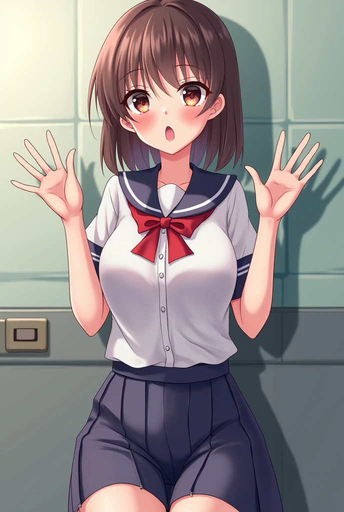 (((masterpiece, Highest quality, High resolution, 超High resolution, Pixel perfect, Written boundary depth, 4K, RTTX10.0))), Beautiful Anime Women, Beautiful art style, Anime characters, ((Smooth texture, Realistic texture, Anime CG Style)), Exact finger count、Exact number of legs、(Exact number of arms:1.0, Exact number of hands:1.0), (Perfect hands, Perfect Anatomy), Cinematic, Realistic, Highly detailed CG, Daytime lighting, Perfect lighting, Best Shadow, The best natural light, whole body, Perfectly balanced style, Perfectly balanced body, (Slender body:1.1), whole body, ((Cute woman standing、She is showing her panties in her hands:1.3)), (Fashionable white shirt, Sailor collar, Knee-high socks, loafers, Navy pleated mini skirt:1.3), ((Sexy and cute panties, (Stylish shiny satin pink panties:1.2), Lace panties:1):1.3), (Beautiful and very large breasts:1.2), (Feeling embarrassed, (blush:1.2), (Embarrassed expression:1.5), (In the school classroom:1.5), Angle from the front, holding panties, Panties as a gift