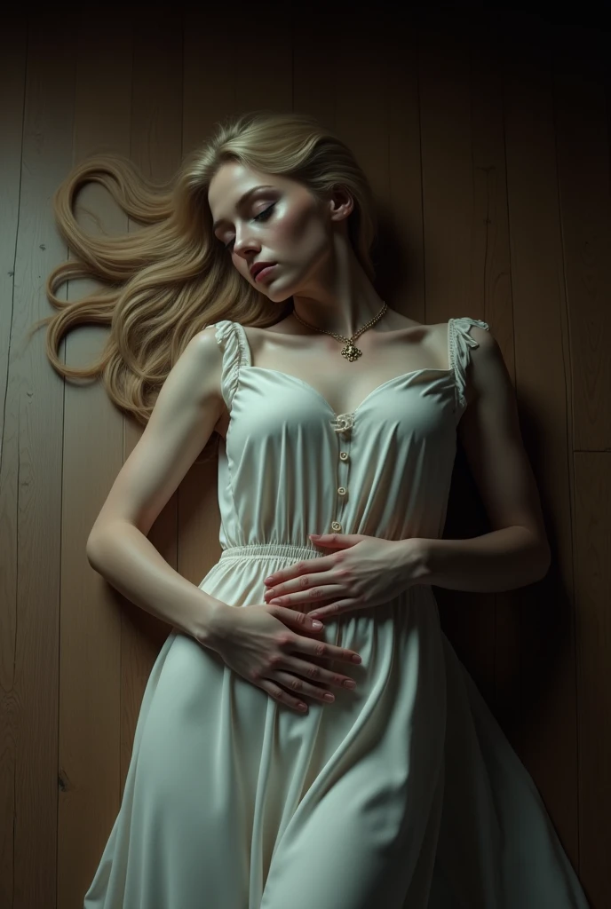 Aphrodite in white dress, blonde hair and has menstruation, with a surprised face and both hands on her cheeks and with her mouth not so open