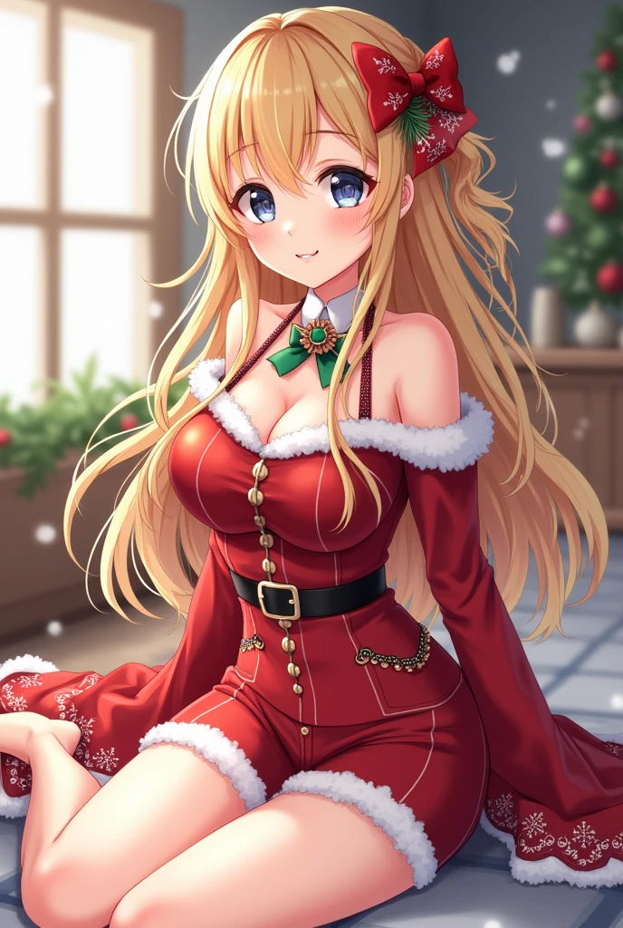 a beautiful girl dressed in a snow maiden costume, lots of gifts, a Christmas tree with Christmas toys