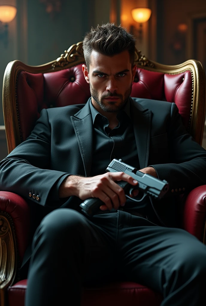 30 years old,One Man,Black Suit、mafia、Holiday Homes、Sit with your legs wide open、Hold a gun,logic,Gay ,Very short hair,Stubble,big eyes anime face。Cool handsome guy、Hermes Belt　The crotch area is bulging