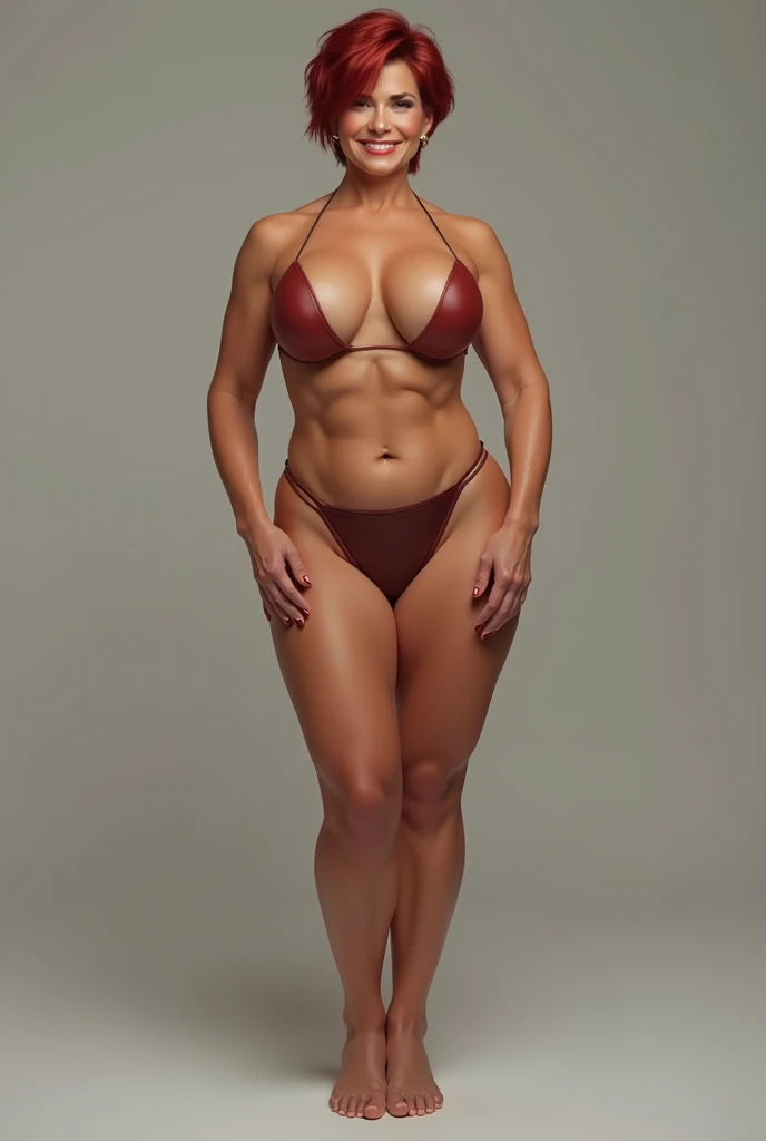 zPDXL2, zPDXLpg, zPDXLrl, A portrait photo of a 26-year-old influencer posing in her yellow bikini, as a black backdrop looms behind her. This tanned+fit stunner features an (hourglass silhouette), (bountiful breasts), firm build, and a choppy-messy bob.