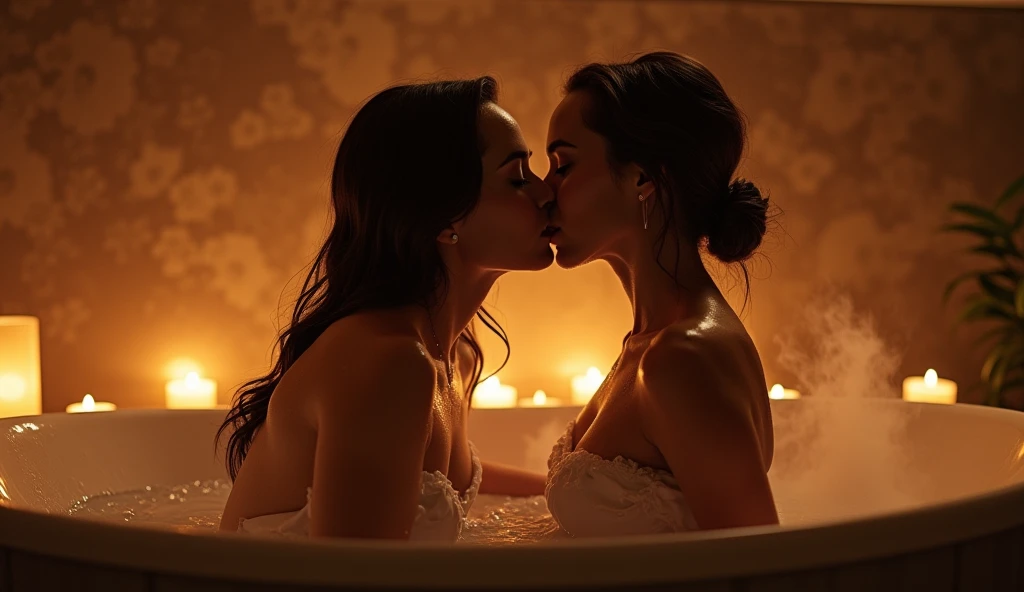Young lesbians and a man lying completely naked in a big bathtub. Full figure. They are excited. They make passionate love, with their tongue licking the man's penis. Realistic portrayal, photo quality, lots of light.