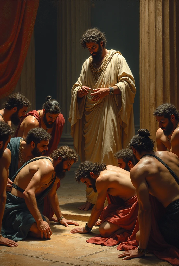 Prompt para Imagem: Sociedade Secreta dos Filósofos

“Inside a grand marble hall, a secret society of young Stoic philosophers gathers. The room is majestic, with tall marble columns reaching the high ceiling, creating an atmosphere of exclusivity and power. The philosophers, all strikingly handsome with well-proportioned physiques, have tanned, sun-kissed skin. Their beards are meticulously groomed, and their wavy hair is perfectly styled, enhancing their allure.

They are dressed in tunics of varying styles—some with shorter lengths that reveal well-toned legs, others more form-fitting, subtly outlining their muscular bodies. The tunics are made from soft, luxurious fabric in earthy tones, with occasional hints of gold or copper. The shoulder of one or two philosophers is intentionally exposed, adding a touch of sensuality to their appearance.

In the room, some philosophers are seated on marble chairs, while others stand in small groups. They engage in intense discussions about intellectual projects, but beneath the surface, there is a palpable tension. The atmosphere is charged with subtle glances and discreet smiles, hinting at unspoken connections and hidden intentions. The fact that women are not allowed, and the membership is highly selective, adds to the air of mystery.

The scene is painted in a rich, almost surreal style, capturing the interplay of light and shadow on the polished marble and the philosophers’ bronzed skin. Every detail emphasizes the exclusivity and the enigmatic nature of what transpires within this secretive gathering.”

This prompt should effectively capture the luxurious, mysterious, and subtly charged atmosphere of the secret society of philosophers.