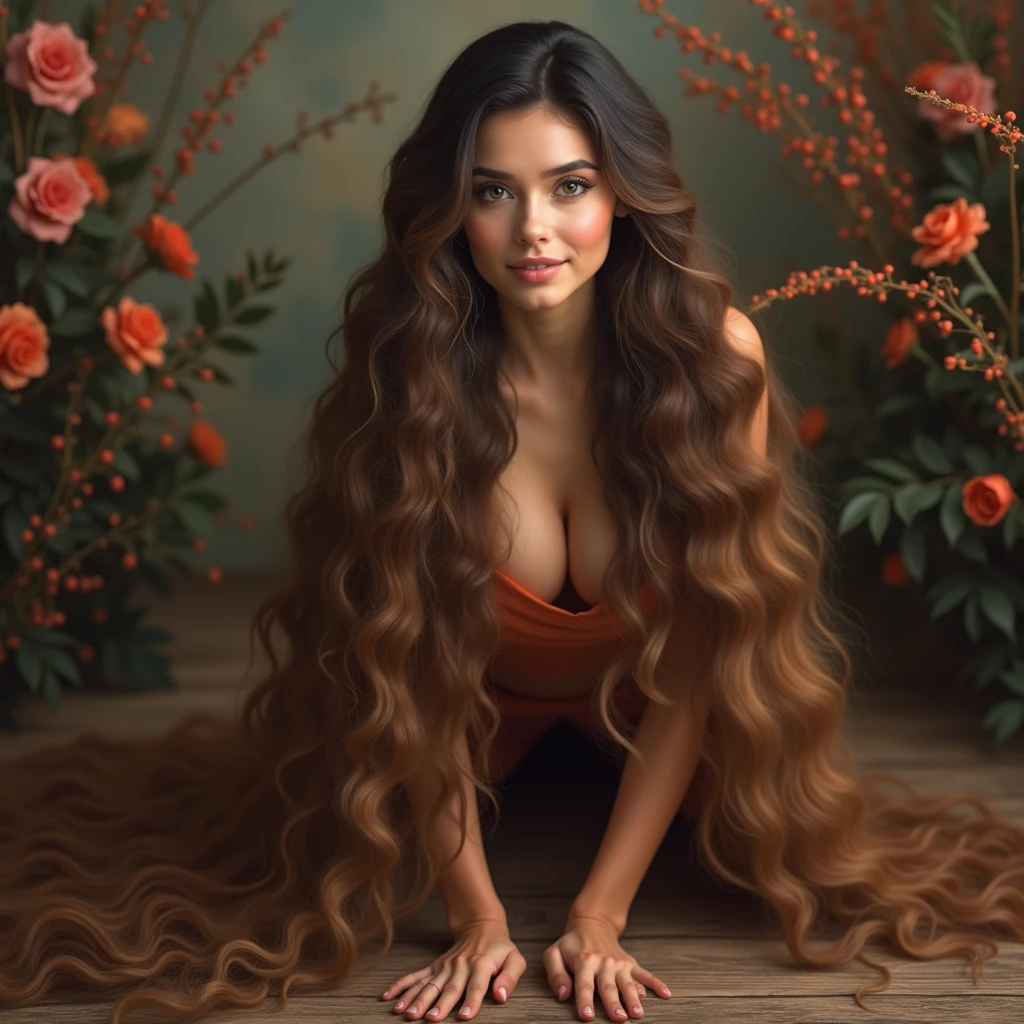 Brown woman, very long curly hair, brown eyes, full body, high legs long waist thin, thin, delicate face, ultra definition, 8k, very defined, very beautiful, realistic, very realistic, --auto --s2